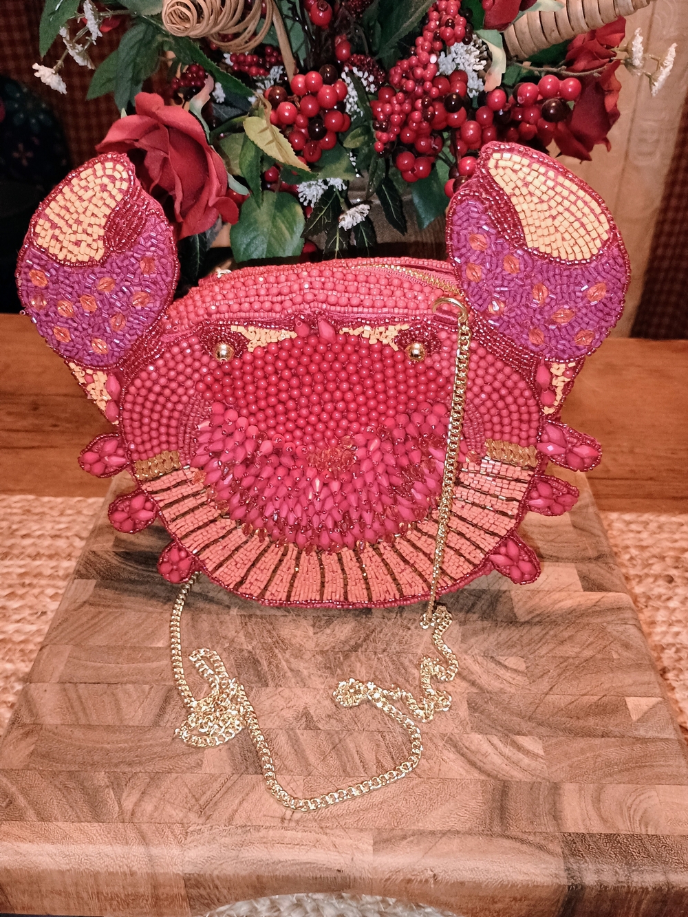 Beaded Crab Crossbody Bag in Red and Pink